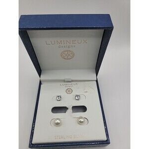 Lumineux Designs Sterling Silver Stud Earrings Set CZ‎ & Pearl 2 Pair Gift Box